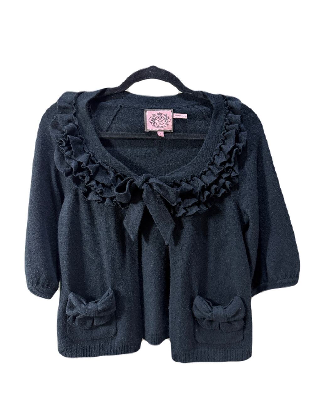 Juicy Couture VTG Y2K Black Ruffle Bow Cashmere Wool Tie Front Sweater Size S